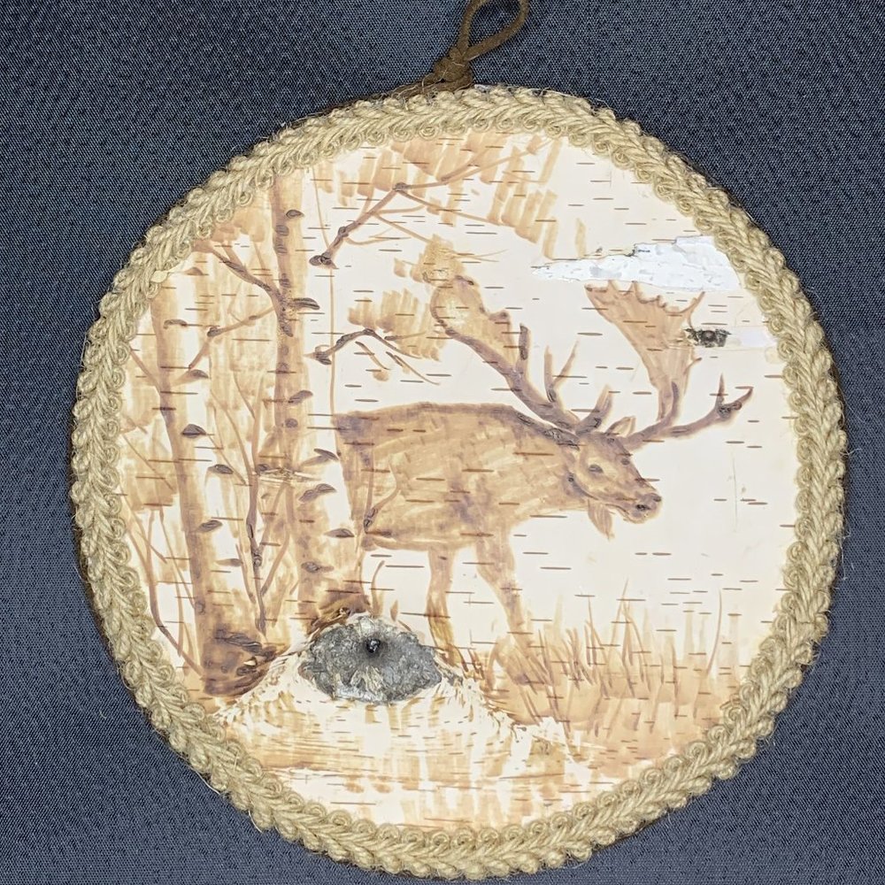 Handmade Birch Bark Pyrography Elk in Grove Wall Art Wood Burning Rustic Gift